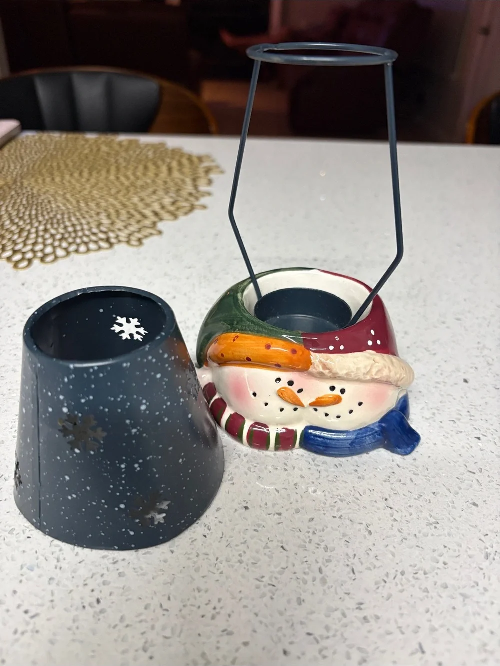 Holiday Snowman Ceramic Tea Light Holder with Navy Metal Shade